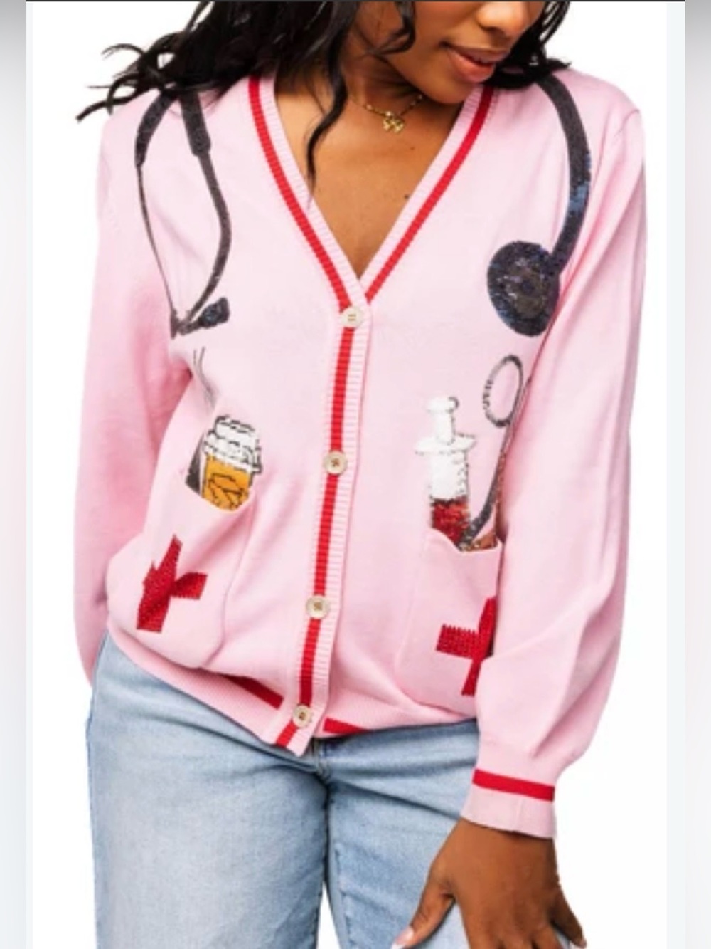 New! QUEEN OF SPARKLES Pink Sequin Medical Supply VβNeck Cardigan - Picture 4 of 10